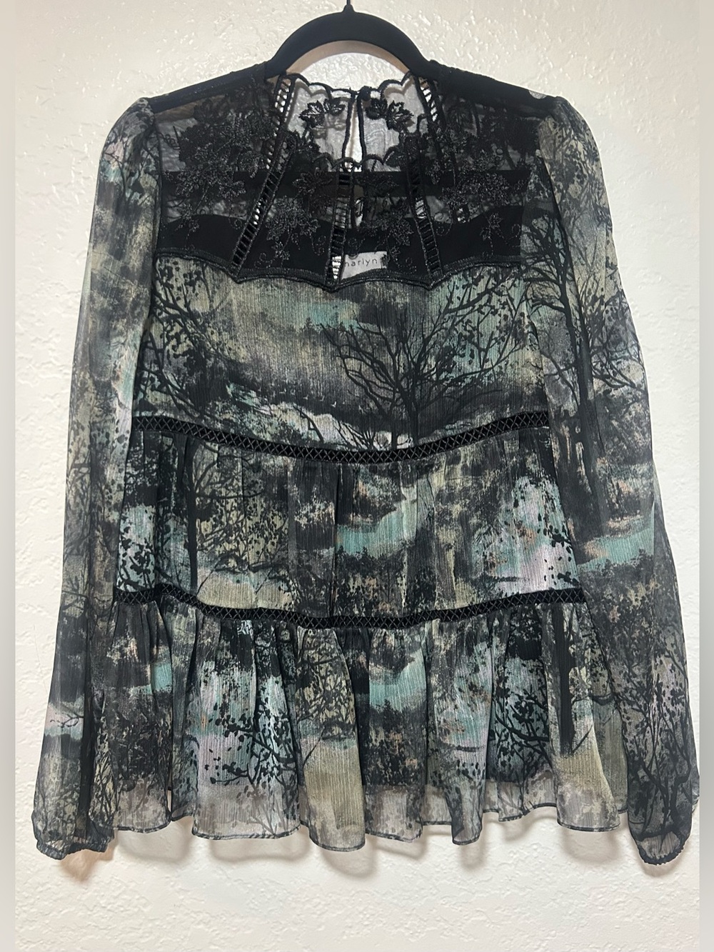 Harlyn Sheer Black & Teal Scenic Lace-Yoke Witchy Blouse